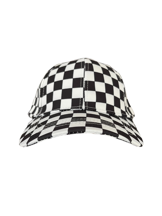 Adult Size - Black and White Checkerboard Canvas Baseball Hat Velcro Adjustment