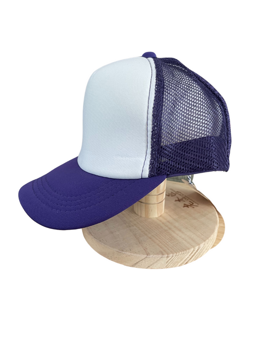 Youth size purple and white foam trucker hat with adjustable snap back closure.