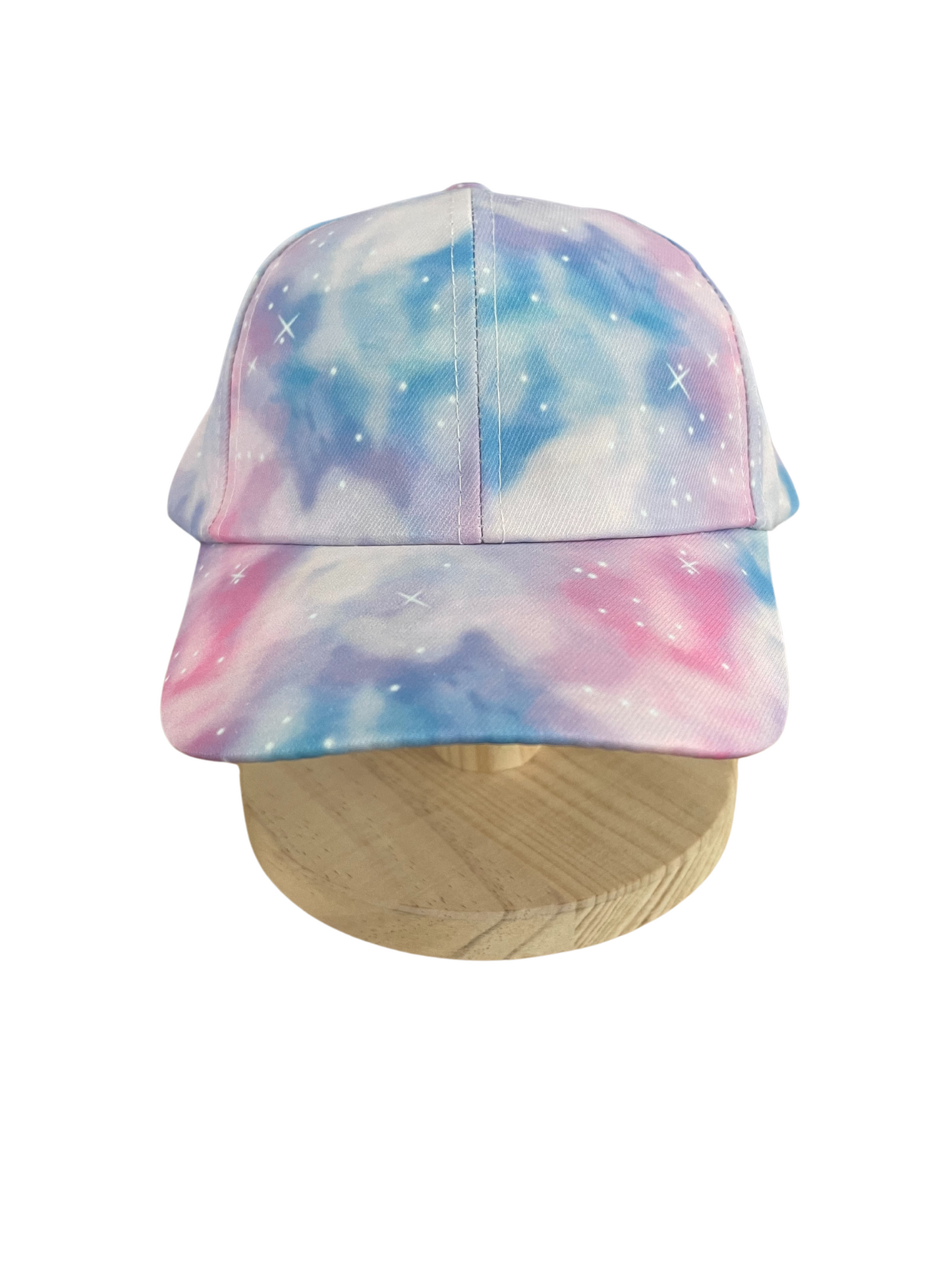 Youth size pink & blue tie dye canvas baseball hat with adjustable velcro back closure.