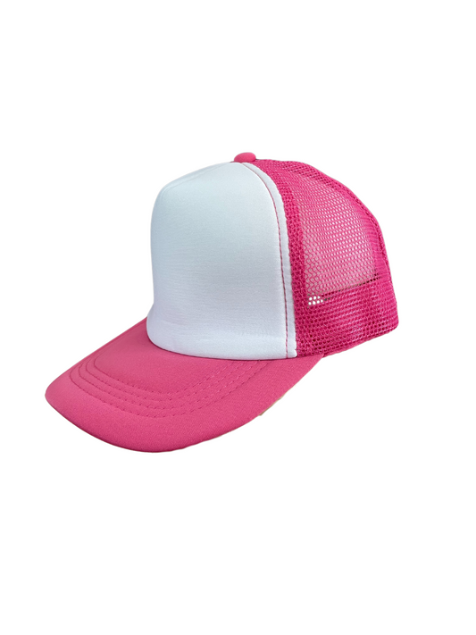 Youth Size - Bright Pink & White Foam Trucker Hat Adjustable Snap Back Closure