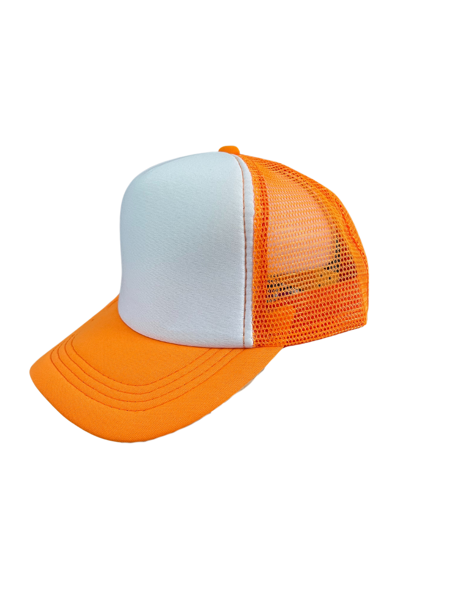 Youth size orange and white foam trucker hat with adjustable snap back closure