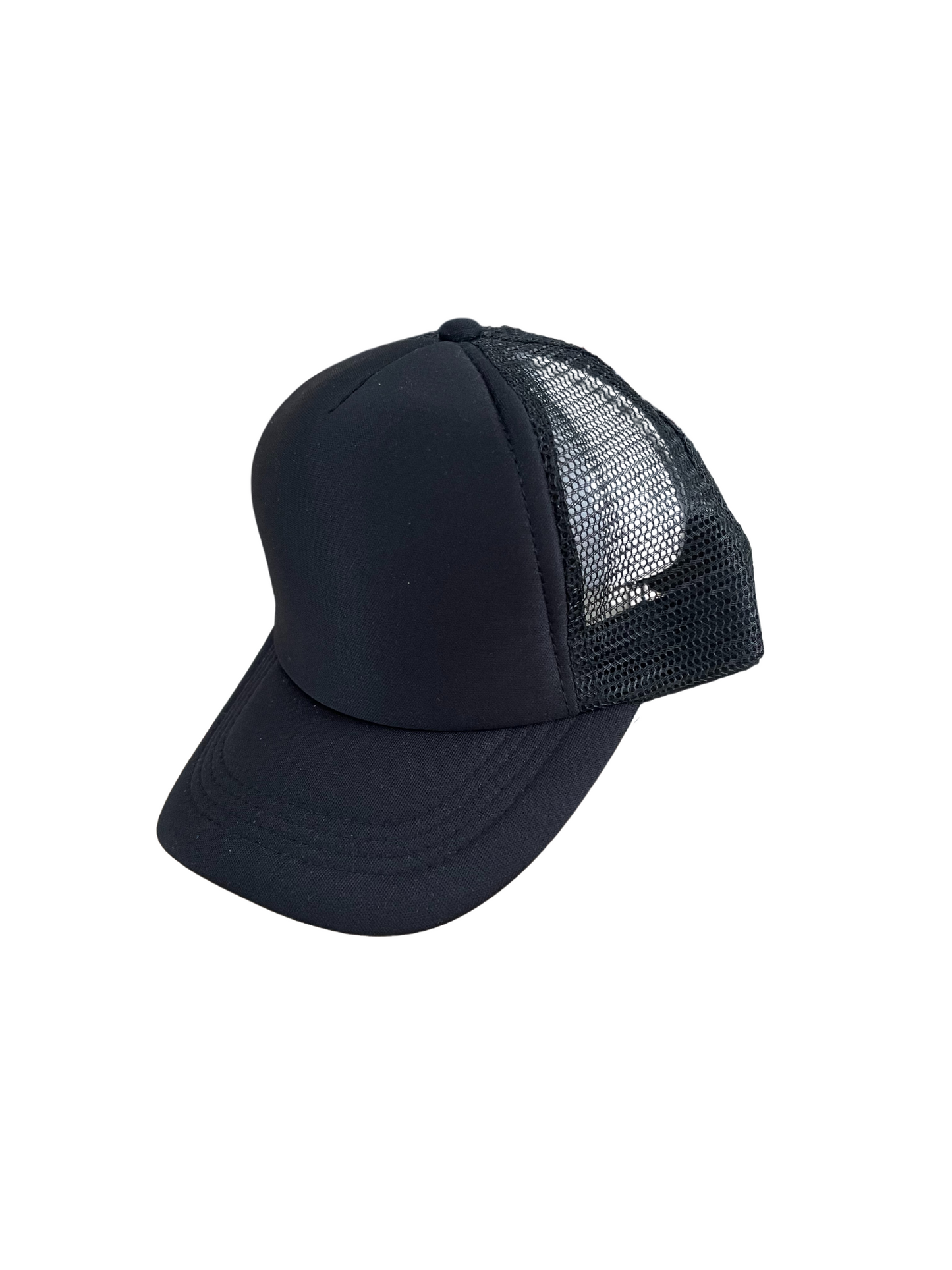 Youth size black foam trucker hat with adjustable snap back closure.