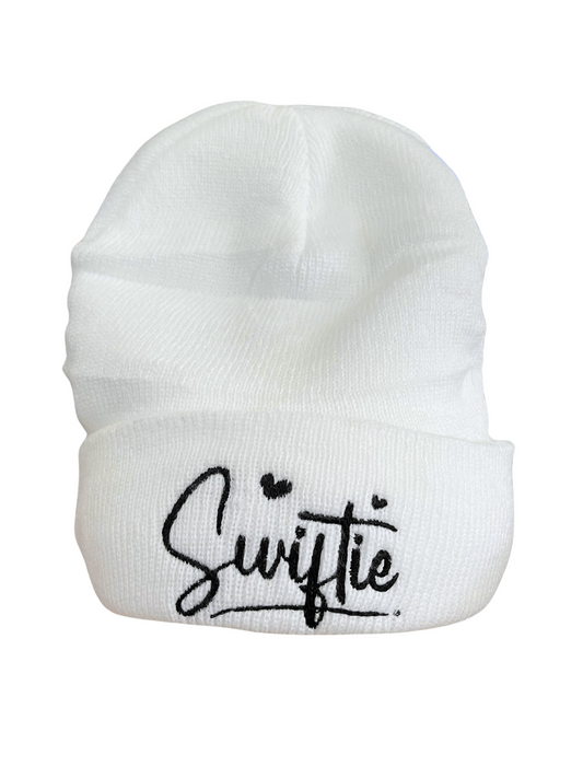 Black "Swiftie" embroidered on white beanie