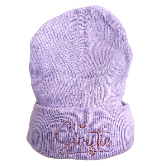 Pink metallic "Swiftie" embroidered on lavender beanie
