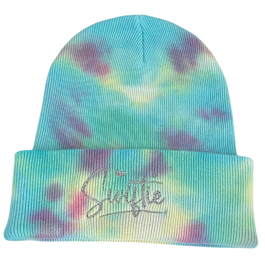 Silver holographic "Swiftie" embroidered on tie-dye beanie