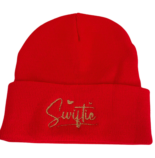 Gold metallic "Swiftie" embroidered on red beanie
