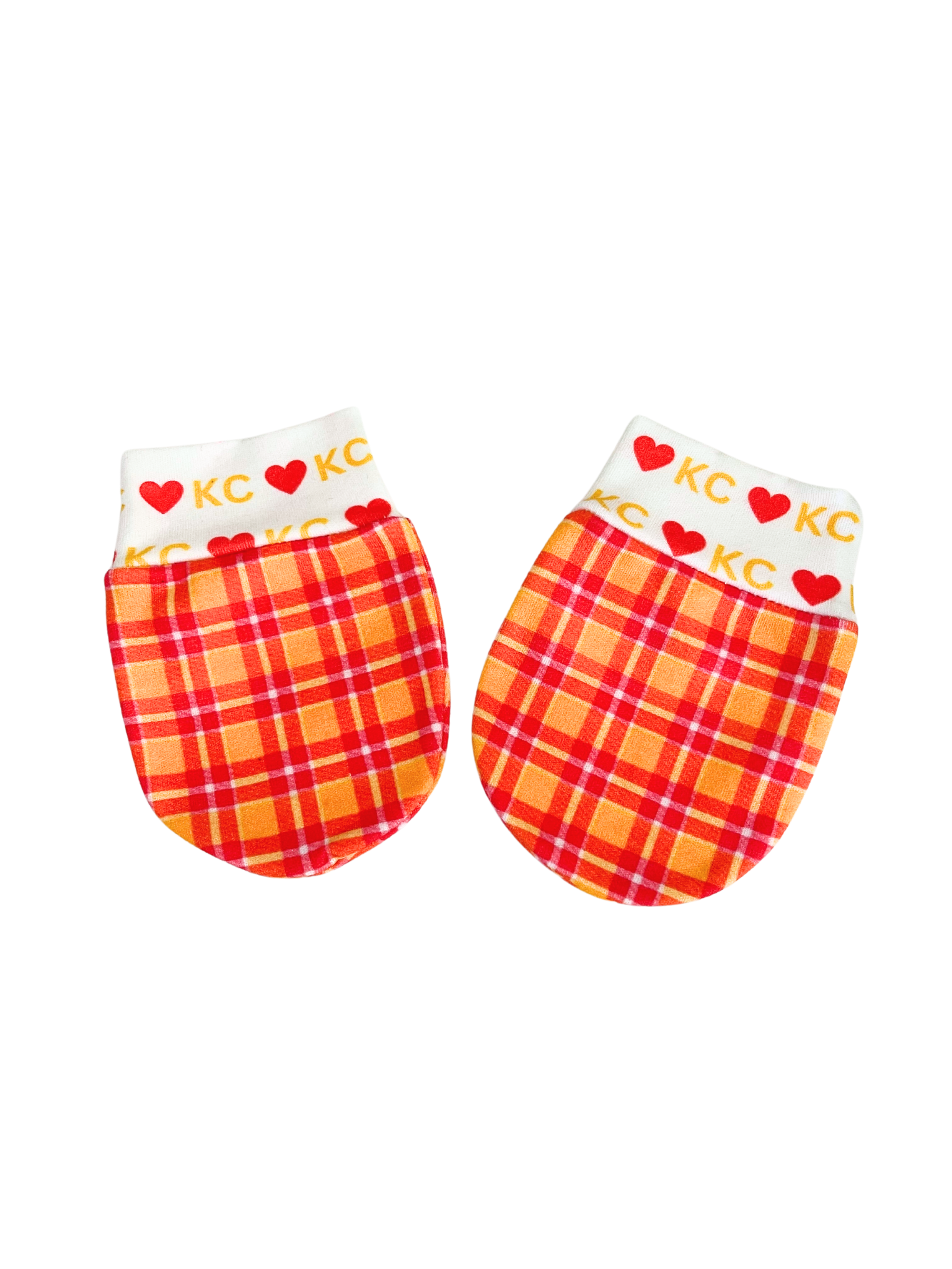 Baby scratch mittens with red and orange plaid pattern and "KC" heart design cuffs in red and yellow, made of organic cotton knit.