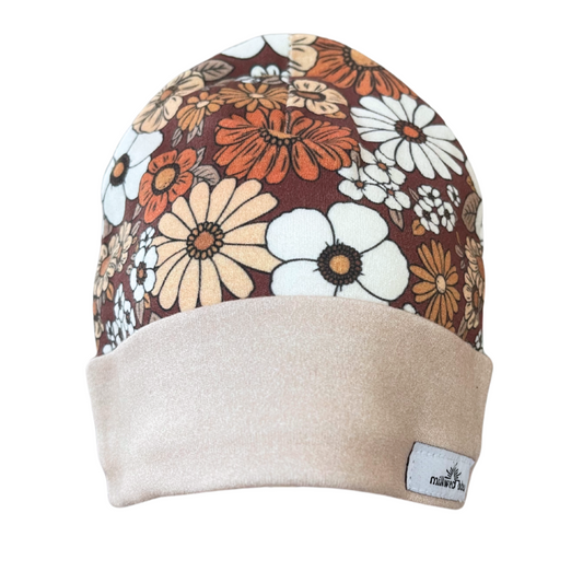 Organic cotton baby beanie with retro floral design, 0-3 months, handmade in Kansas City.