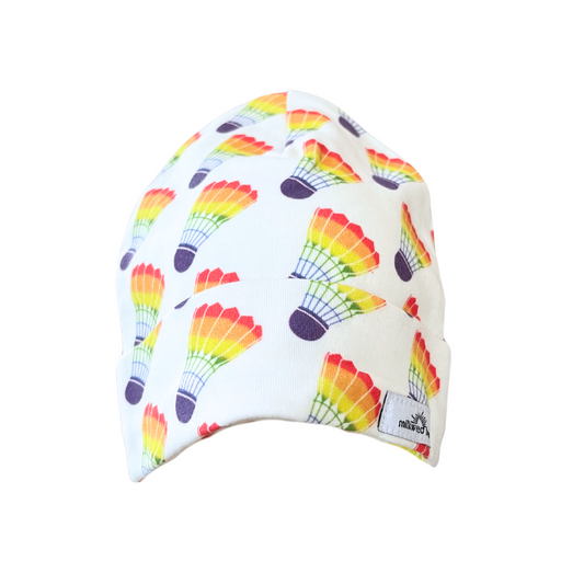 Organic Cotton Baby Beanie with colorful shuttlecock design, handmade for infants 0-3 months.