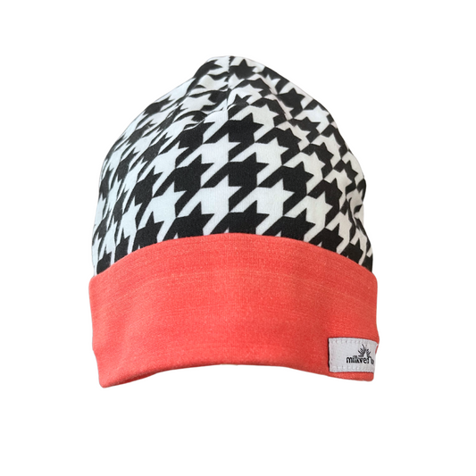 Organic Cotton Baby Beanie with houndstooth pattern and coral cuff, handmade for newborns.