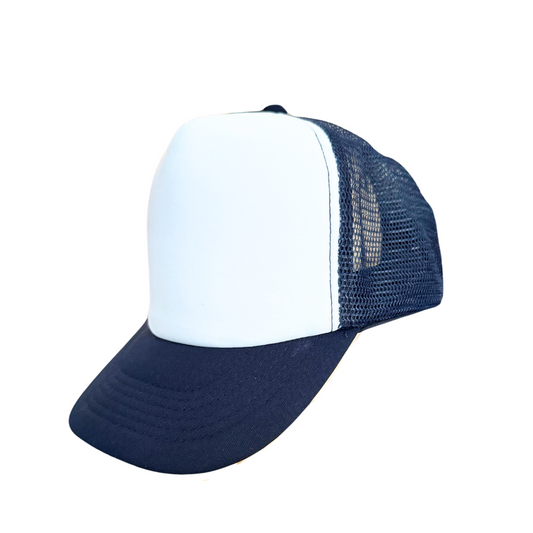 Youth size navy and white foam trucker hat with adjustable snap back closure.