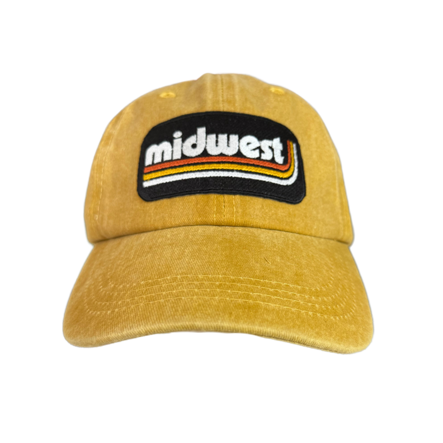 Retro Midwest patch in bold lettering on a mustard yellow hat.