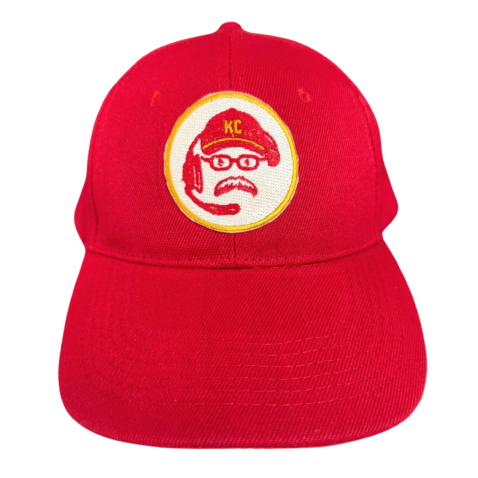 Red KC Coach Hat with custom embroidered patch, handmade in Kansas City.