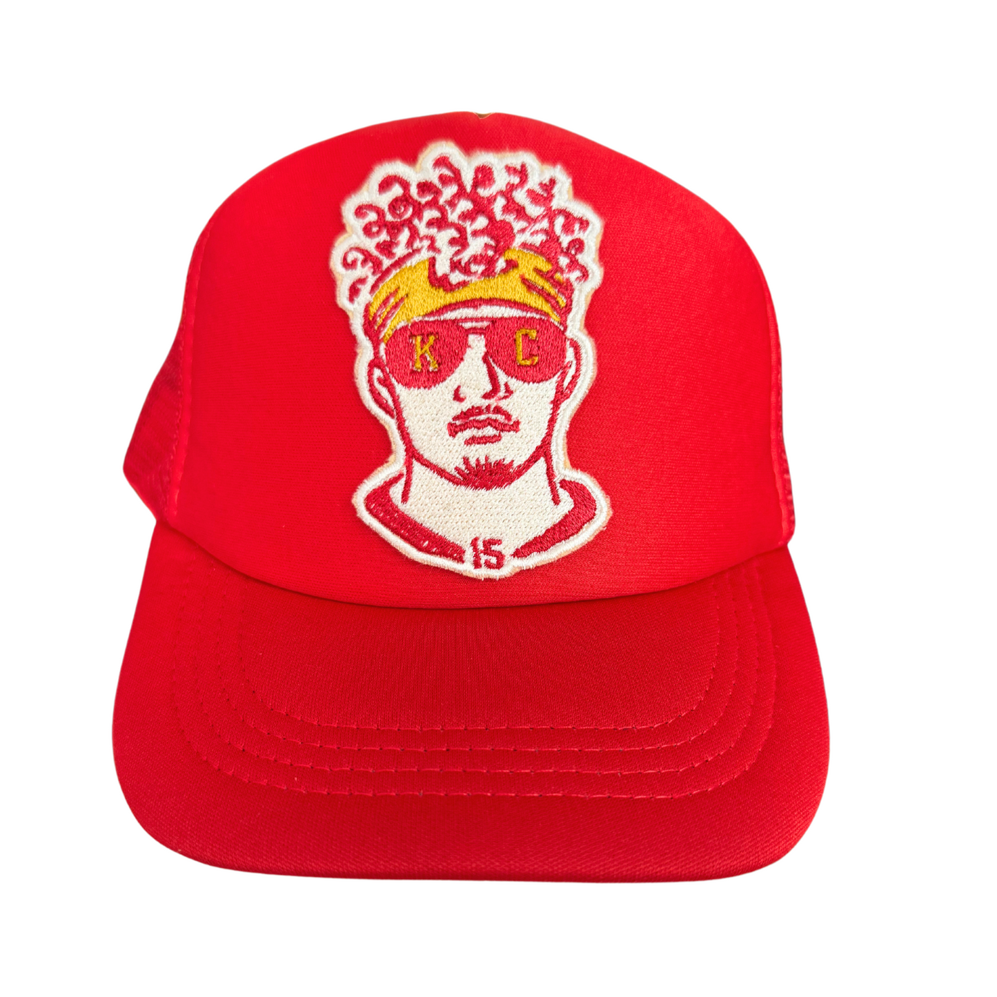 Youth Patrick Mahomes KC Hat, custom embroidered red cap for kids, handmade in Kansas City.