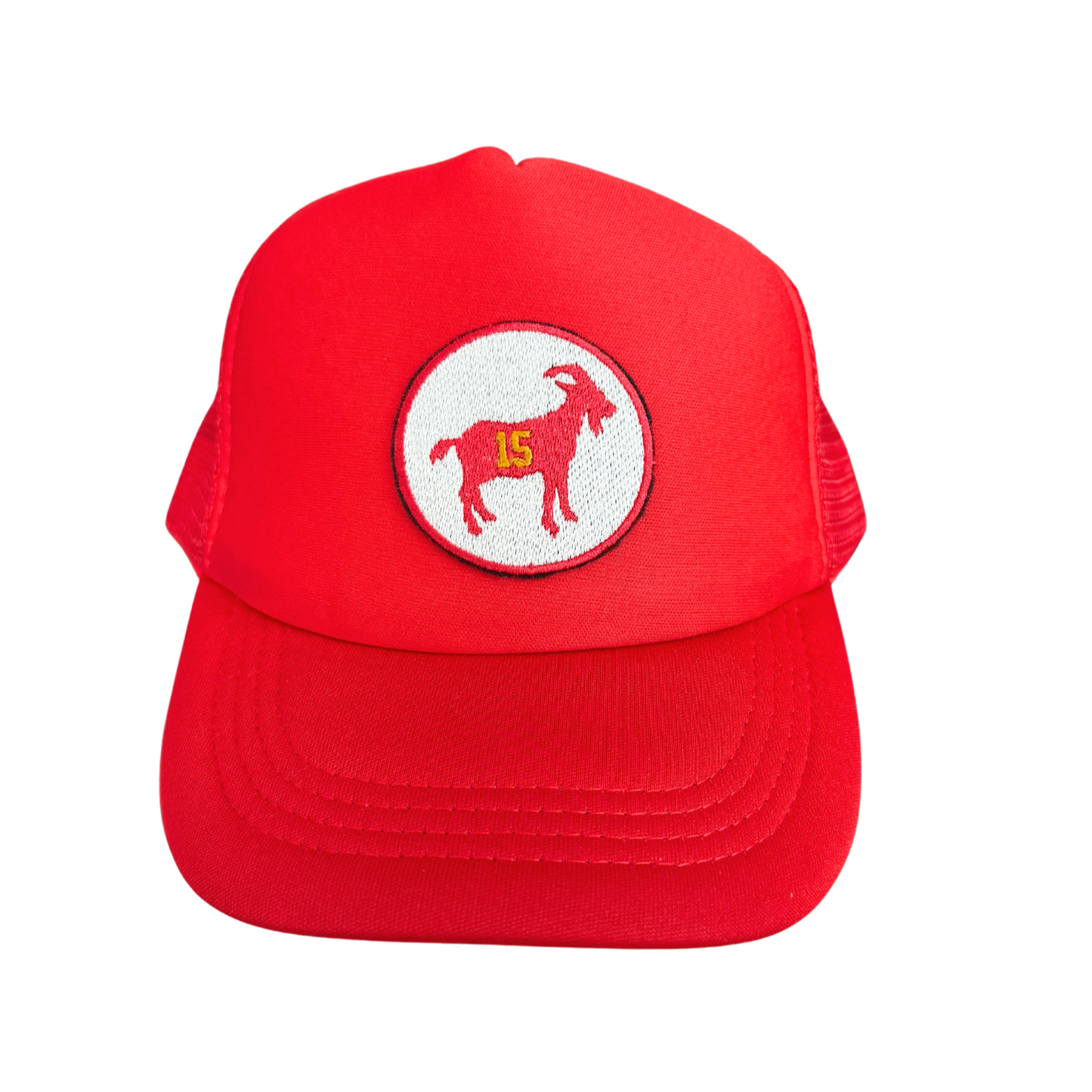 Youth Patrick Mahomes GOAT Hat, custom embroidered red cap for kids with number 15 patch, handmade in Kansas City.