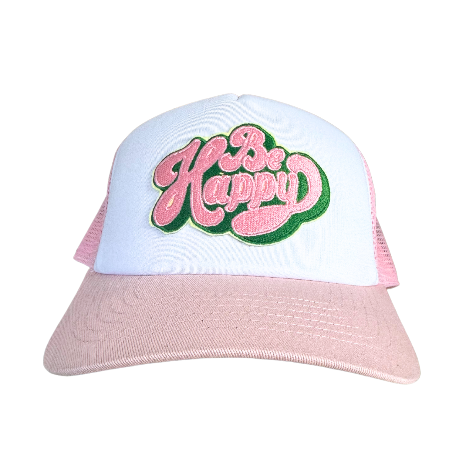 Pink and white trucker cap with "Be Happy" custom embroidered patch in pink and green.