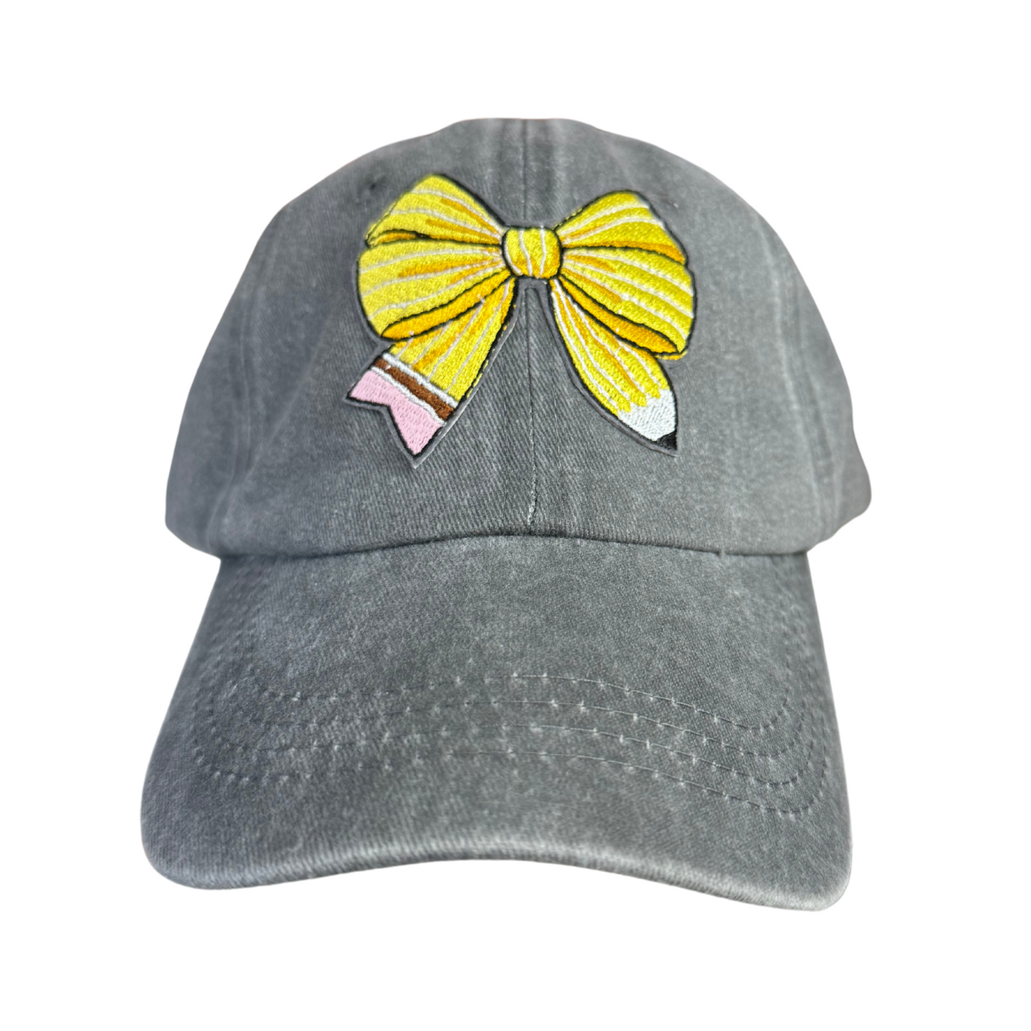 #2 pencil bow patch on a gray hat, perfect for teachers.

