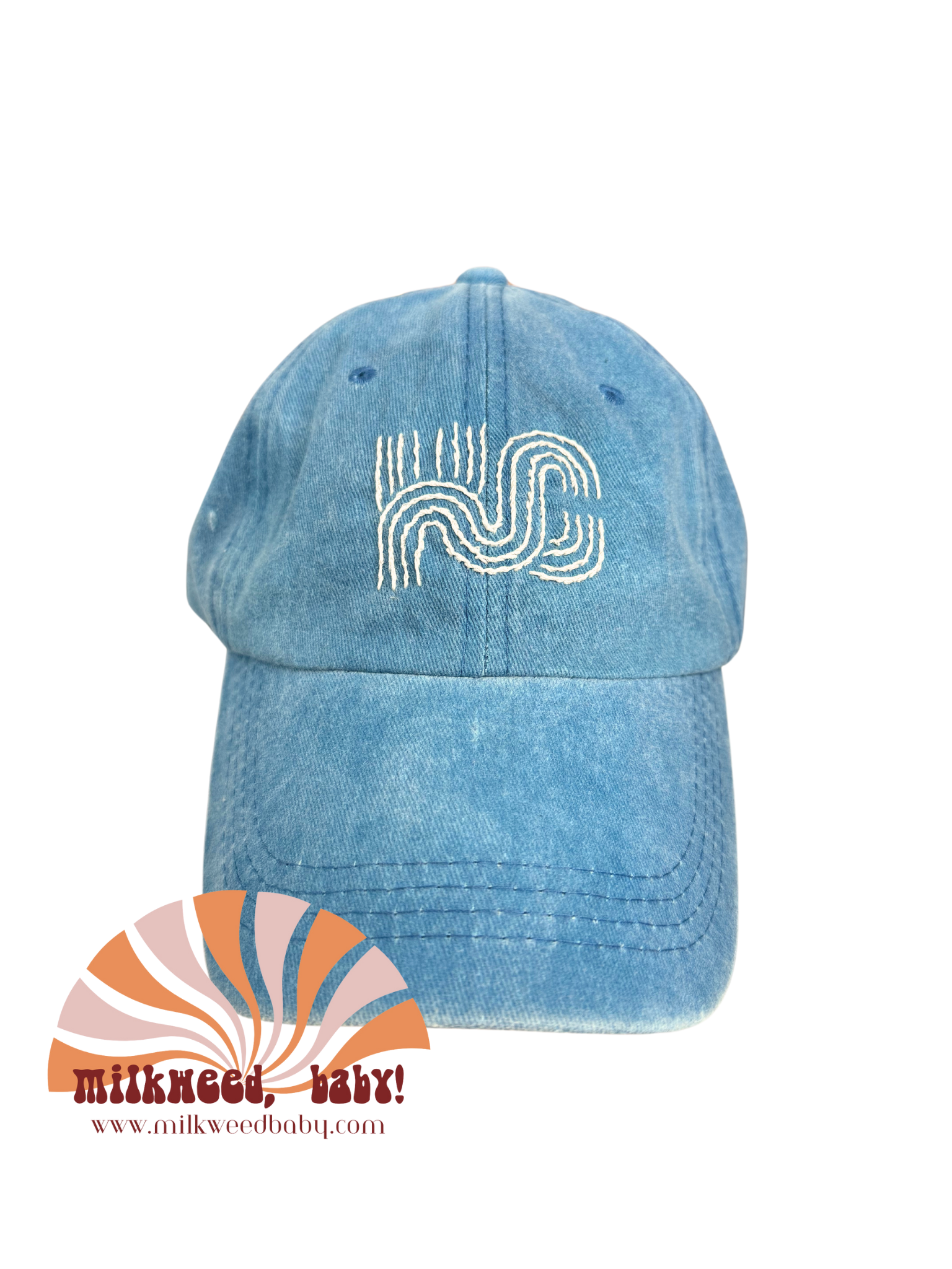 Hand-embroidered KC Royals blue baseball hat, vintage style, handmade in Kansas City.