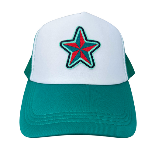 Front view of a white and green trucker hat featuring an embroidered red and teal star patch, inspired by Kansas City Current team colors.

