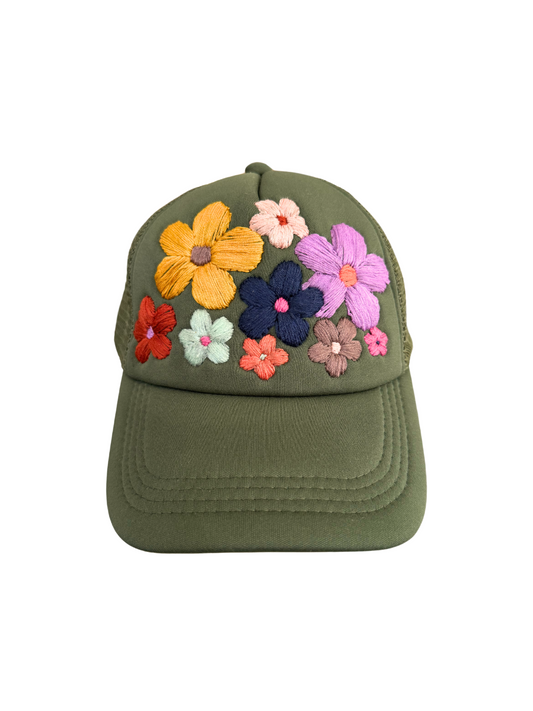 Hand-embroidered colorful flowers on olive green hat.

