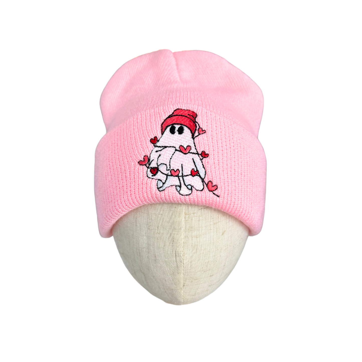 Youth pink beanie with heart ghost embroidery, cozy fall Halloween hat.