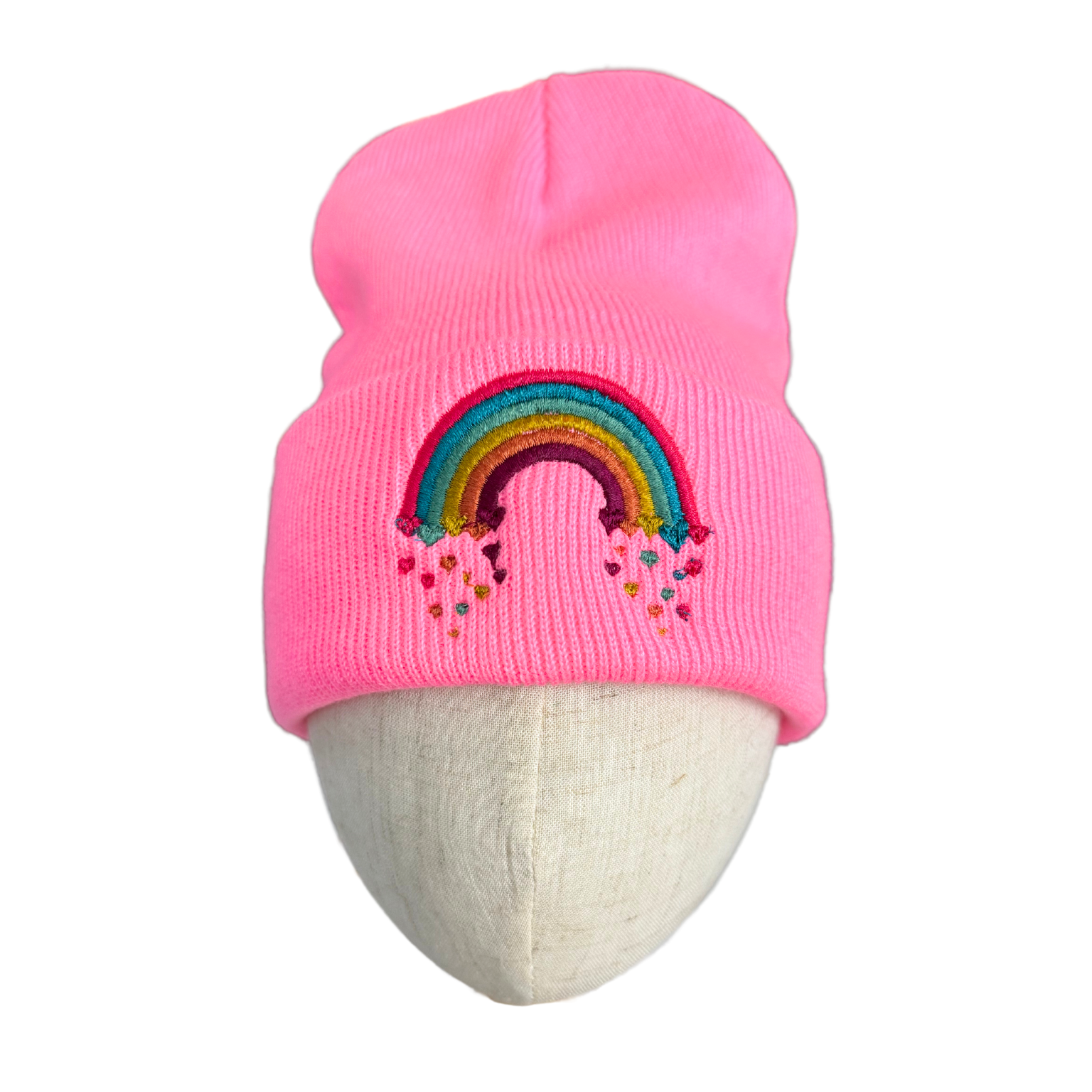 Youth pink beanie with rainbow and heart embroidery, cozy kids hat.