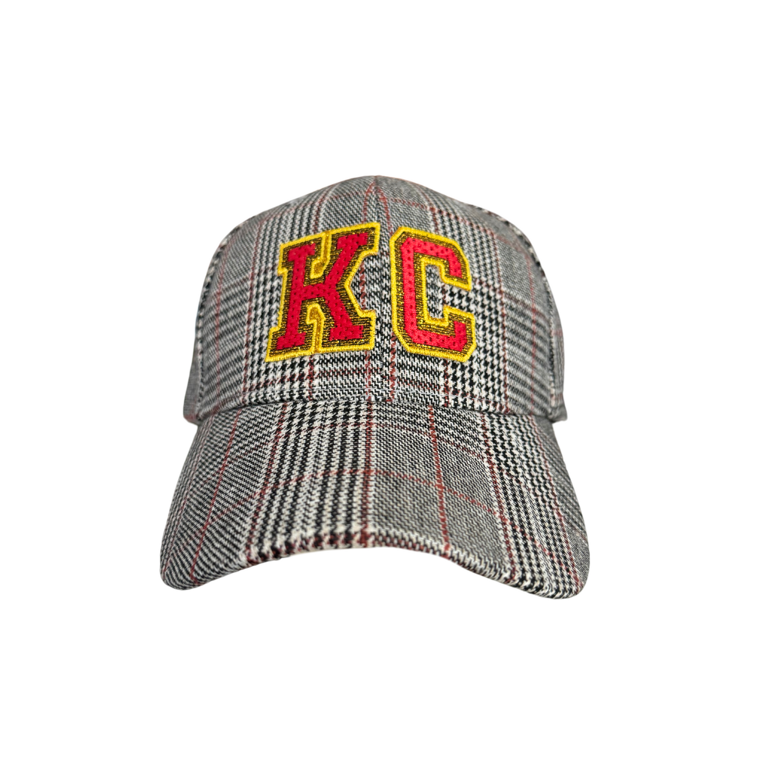 Adult-sized plaid "KC" hat in Kansas City Chiefs colors, handmade in Kansas City.