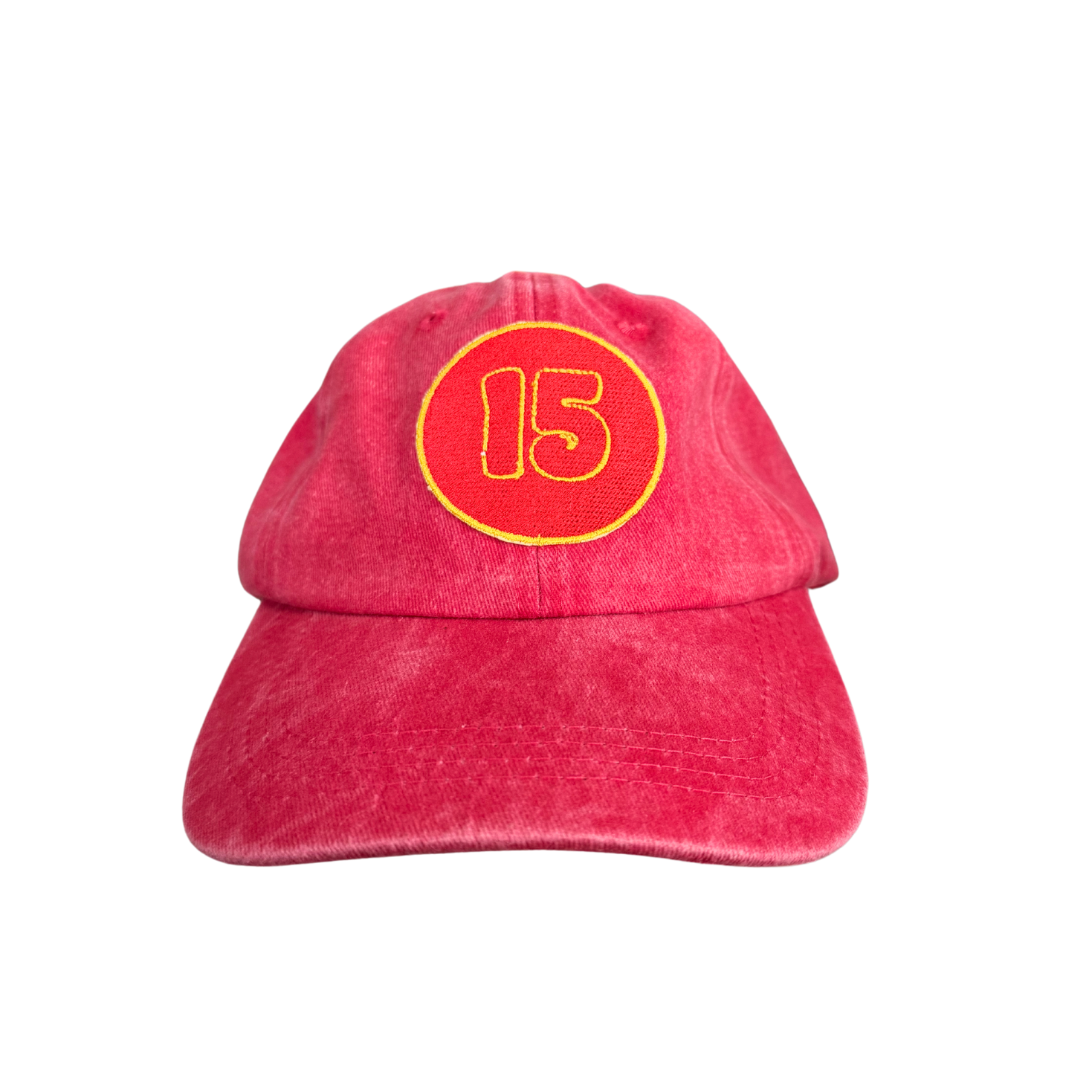 Red Kansas City Chiefs dad hat with "15" embroidered patch, inspired by Patrick Mahomes, handmade in Kansas City.