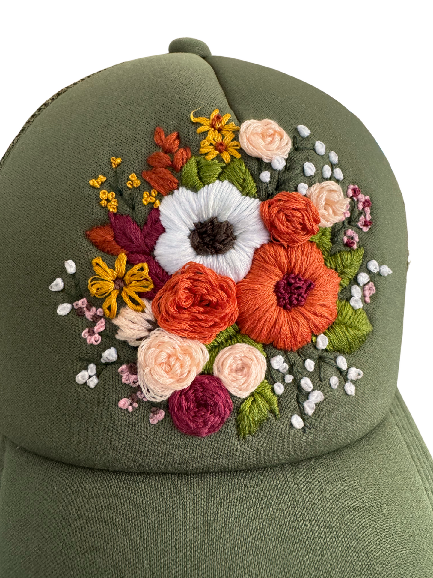 Olive Green Floral Bouquet Hat – Hand-Embroidered Flower Design, Ready to Ship, Made in Kansas City