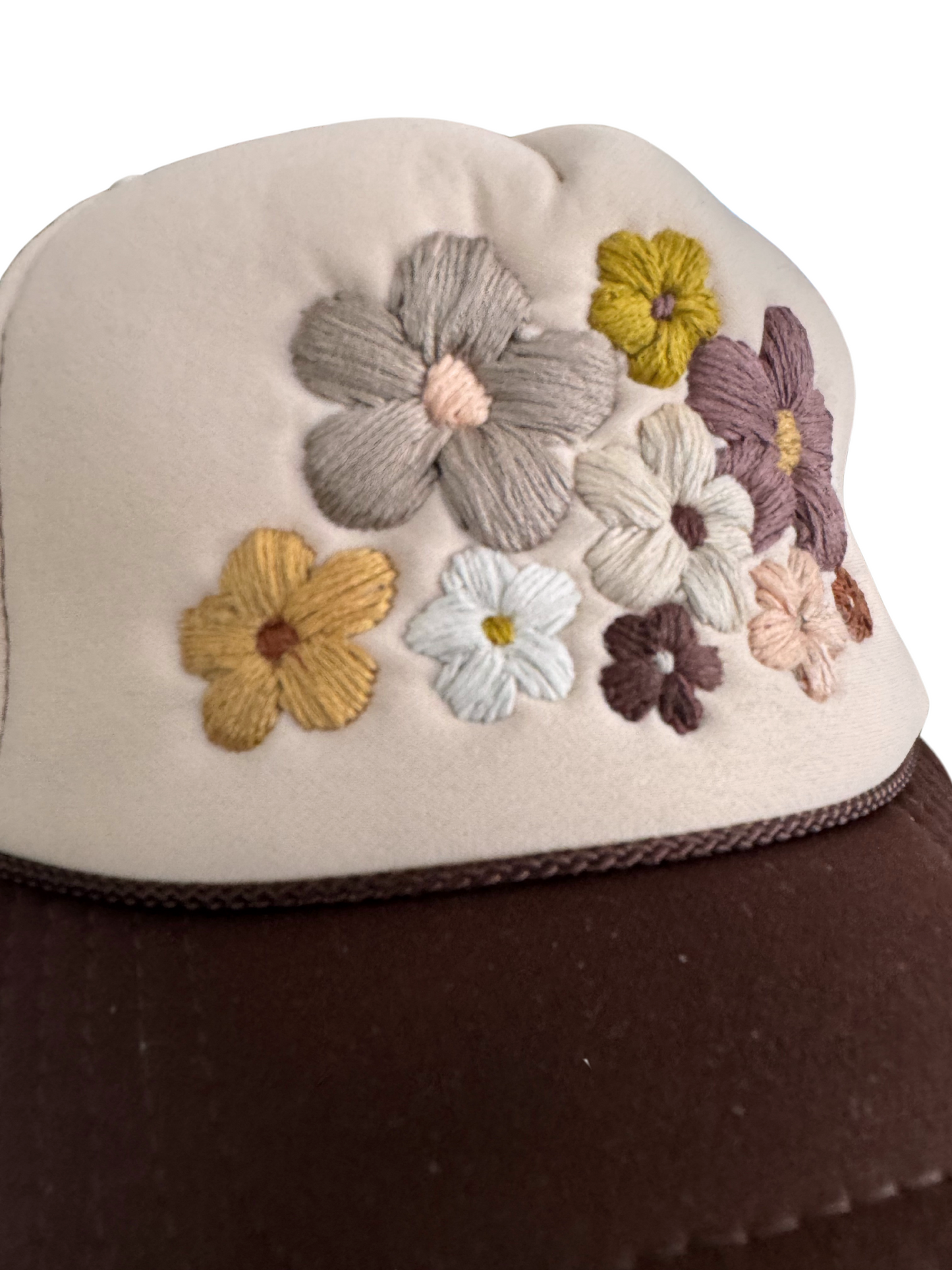 Brown and Beige Floral Trucker Hat – Hand-Embroidered Neutral Flowers, Ready to Ship, Made in Kansas City