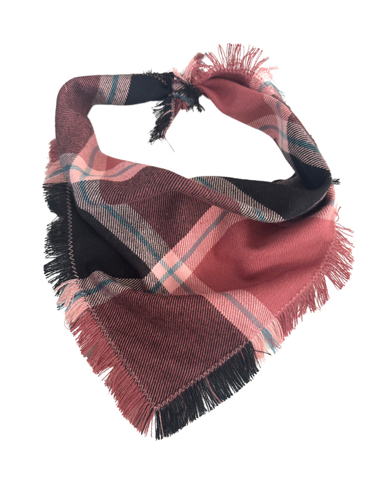 Handmade flannel bandana scarf with plaid design, warm red tones, and fringed edges, suitable for adults and toddlers.

