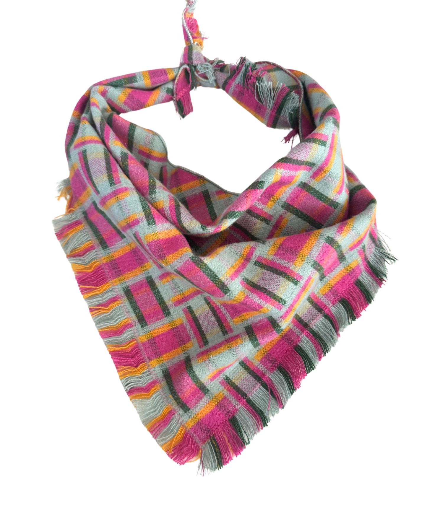 Handmade colorful plaid flannel bandana scarf with bright pink, yellow, and green tones, fringed edges, suitable for adults.
