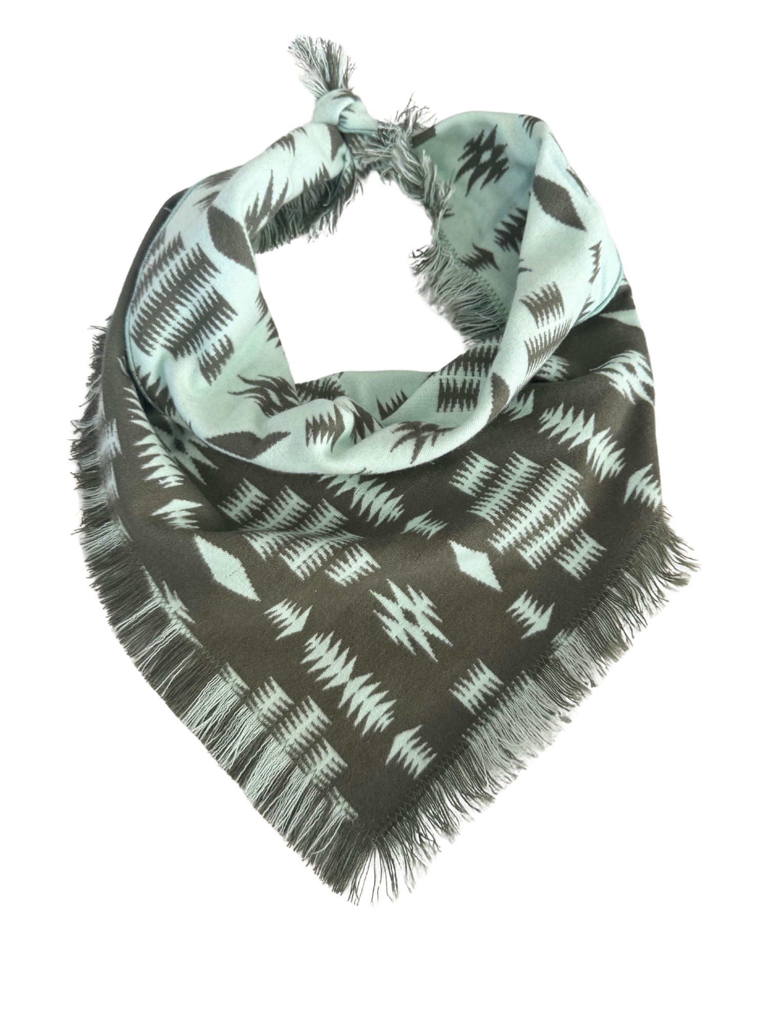 Reversible jacquard bandana scarf in olive and mint green, available in adult and toddler sizes.