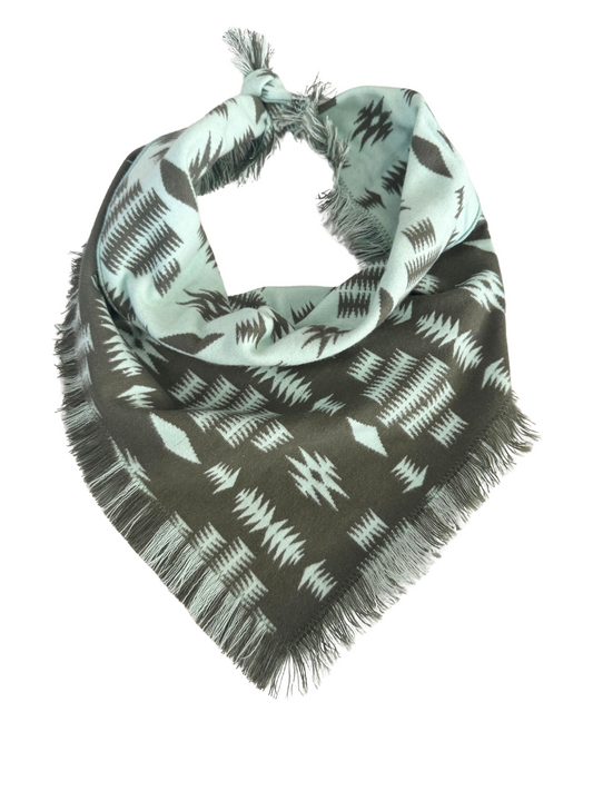 Reversible jacquard bandana scarf featuring a mint green and olive green design, with fringed edges and soft material.

