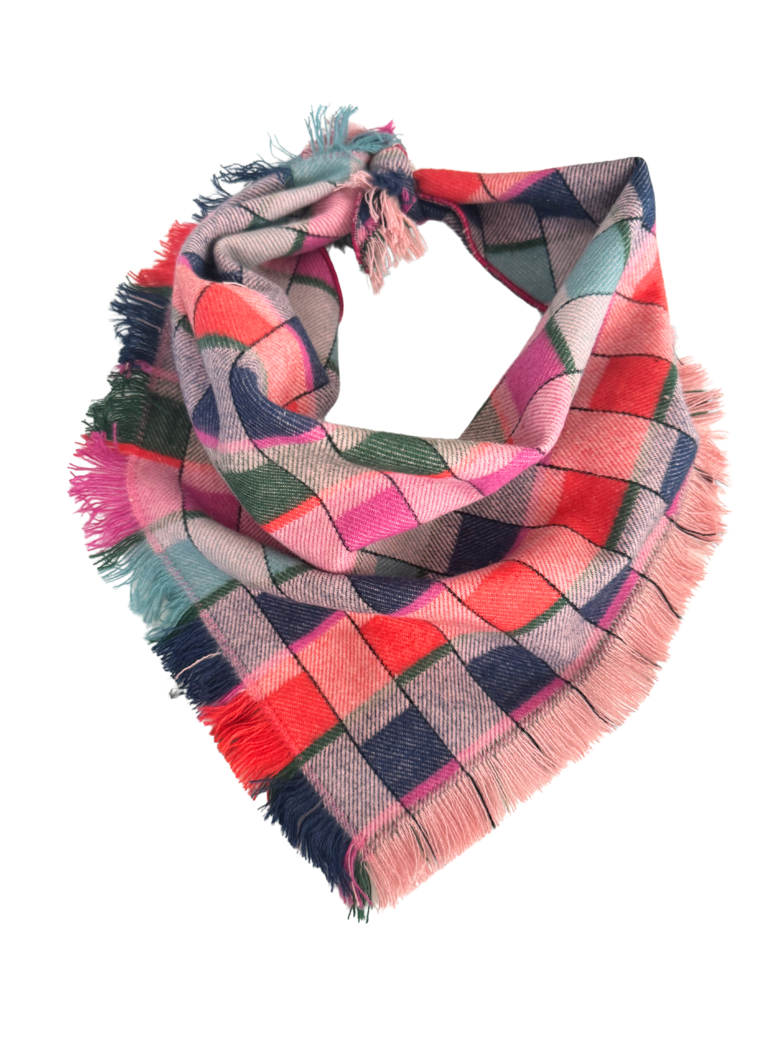 Handmade plaid flannel bandana scarf, soft material, vibrant pattern, one size fits most adults, ideal for fall and winter.