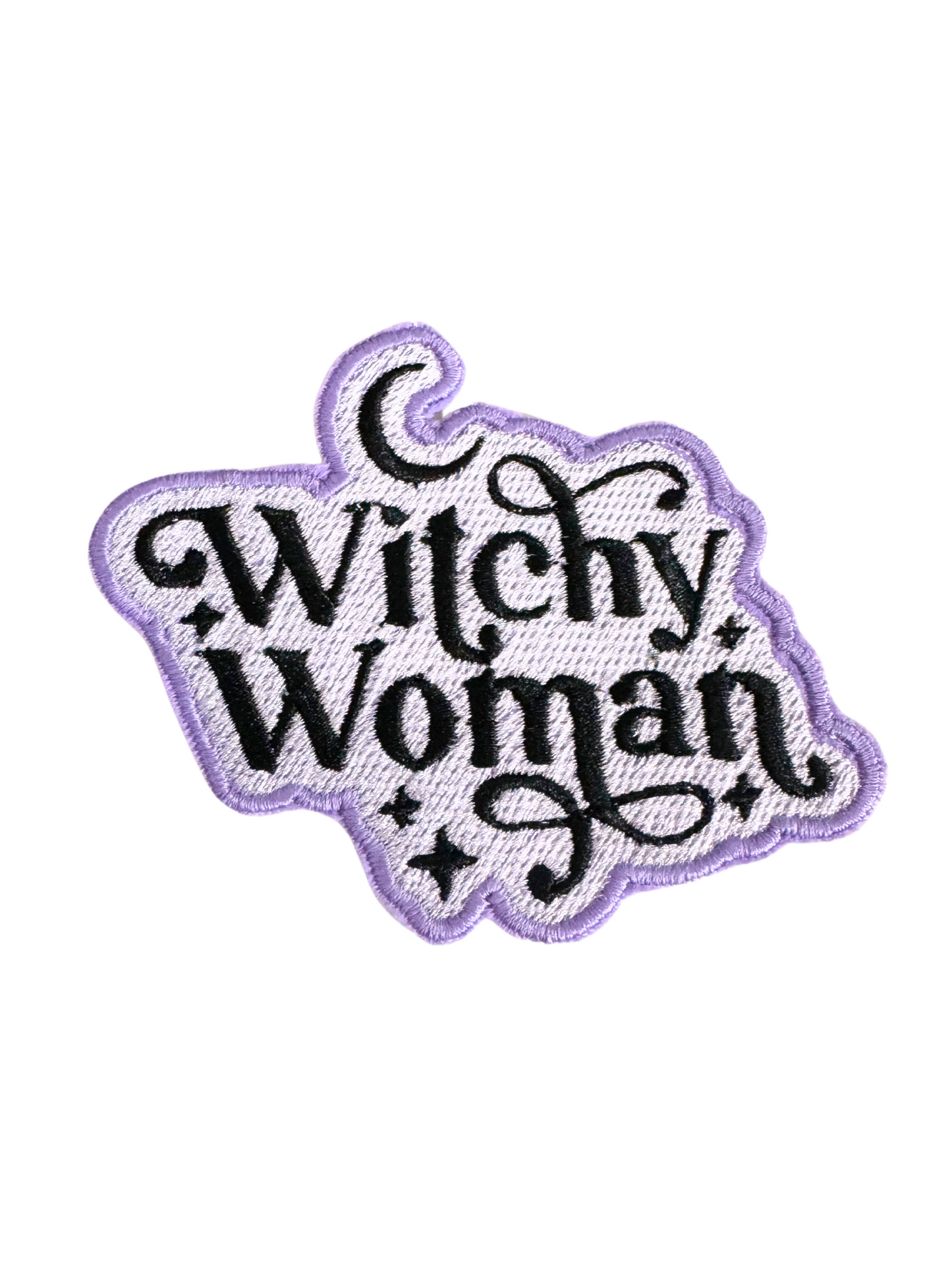 Witchy Woman iron-on patch with celestial accents and purple border.