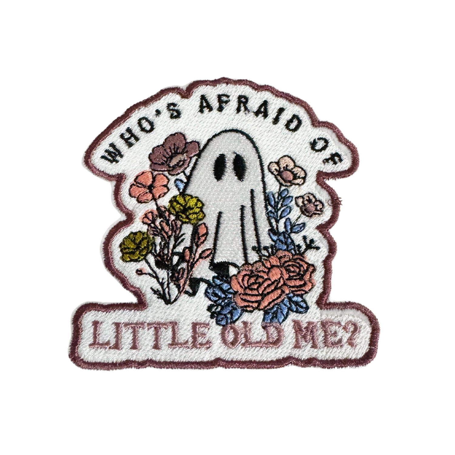 Whimsical ghost and flowers iron-on patch with colorful embroidery.