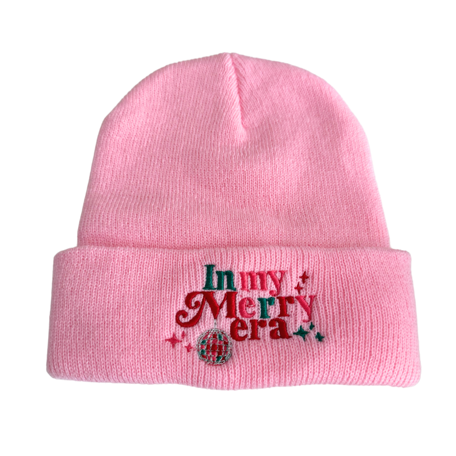 Pink beanie with "In My Merry Era" embroidery inspired by Taylor Swift and a disco ball detail

