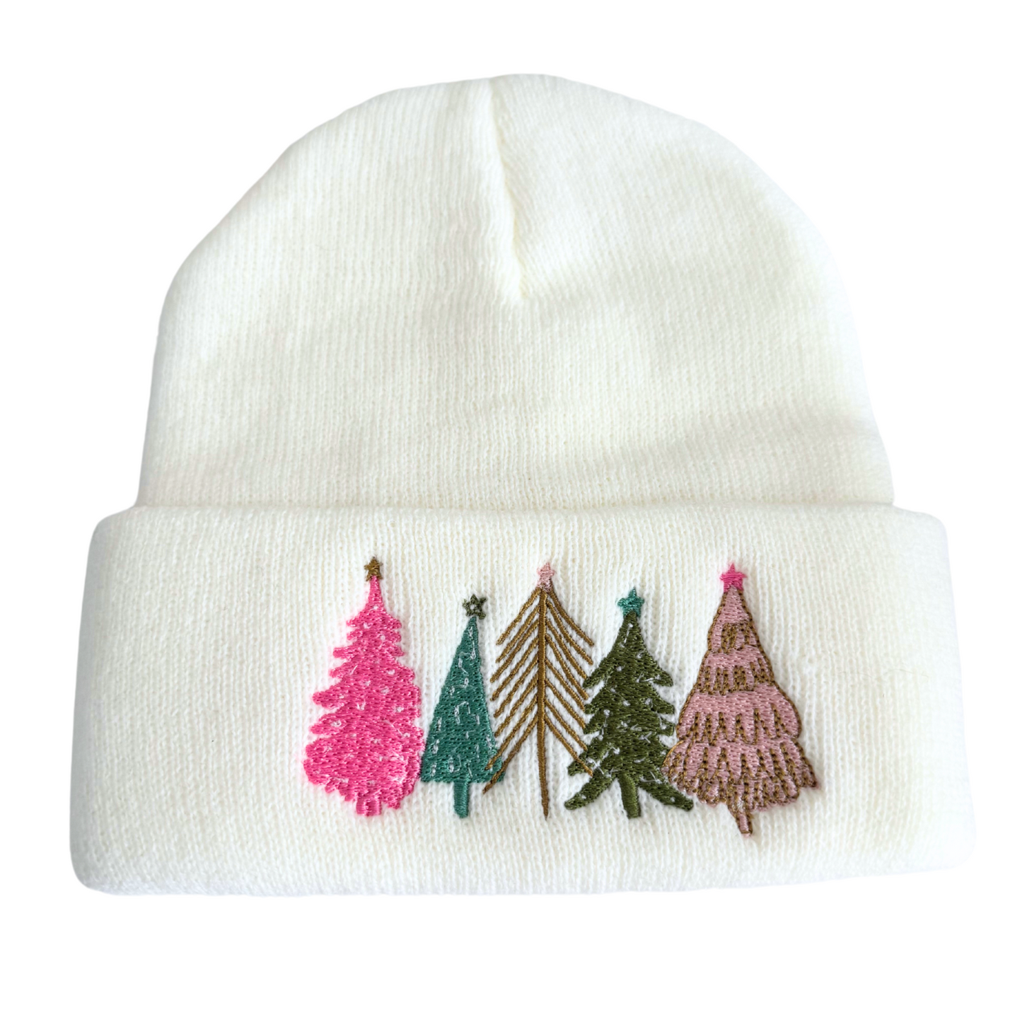 Winter white beanie with embroidered whimsical Christmas trees in various colors and designs

