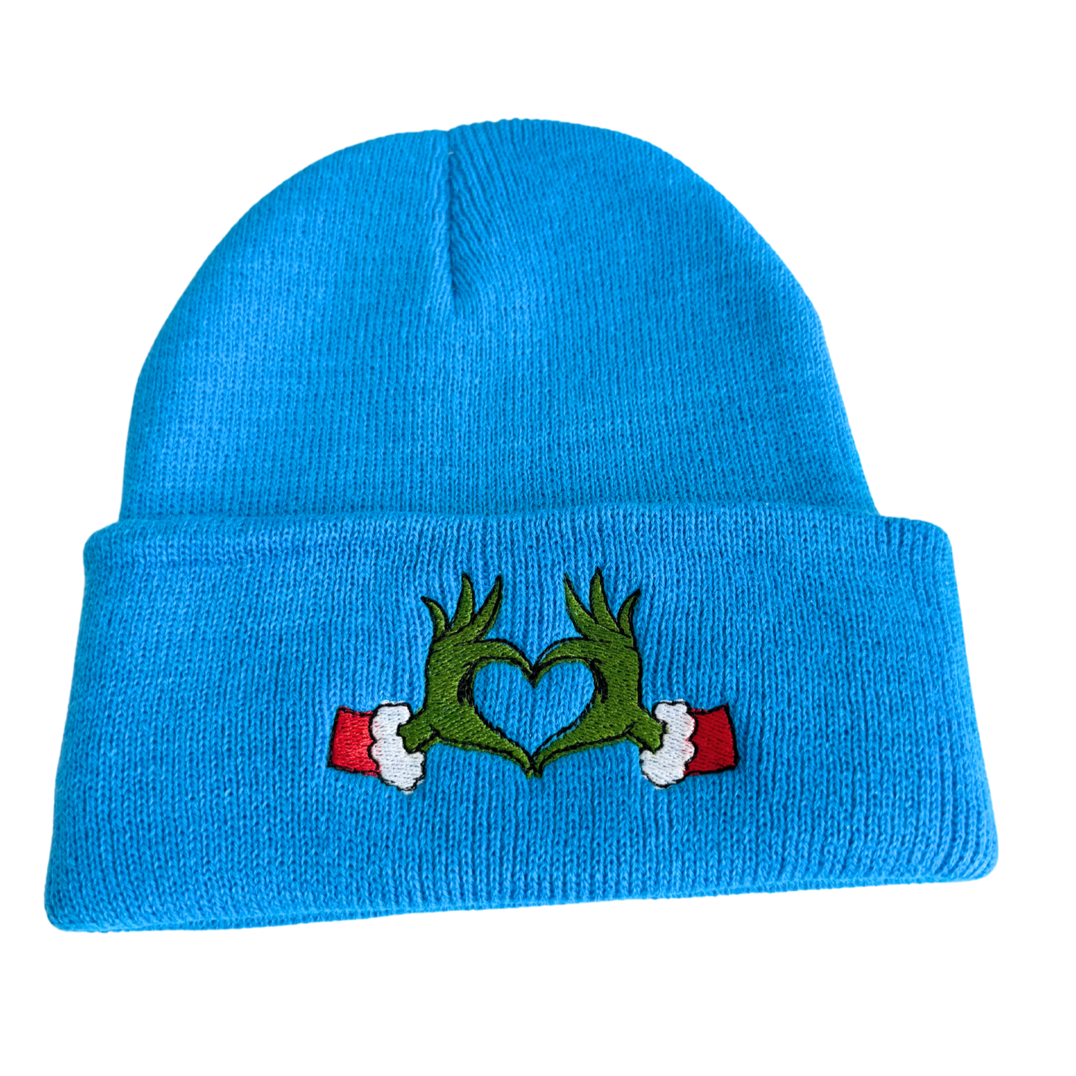 Grinch heart hands embroidery design on a blue youth beanie, inspired by Travis Kelce and Taylor Swift.

