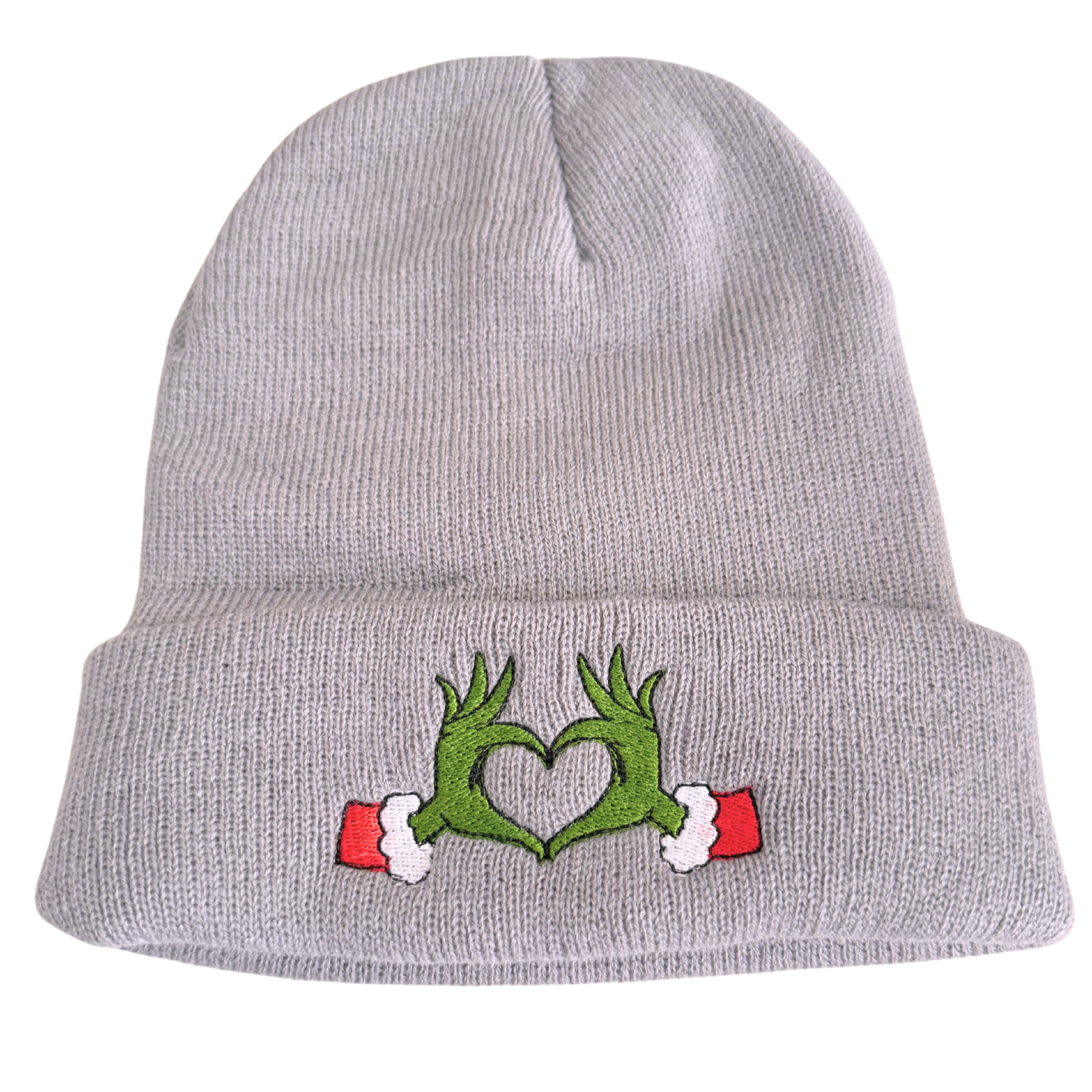 Gray beanie with Grinch heart hands embroidery inspired by Travis Kelce and Taylor Swift.

