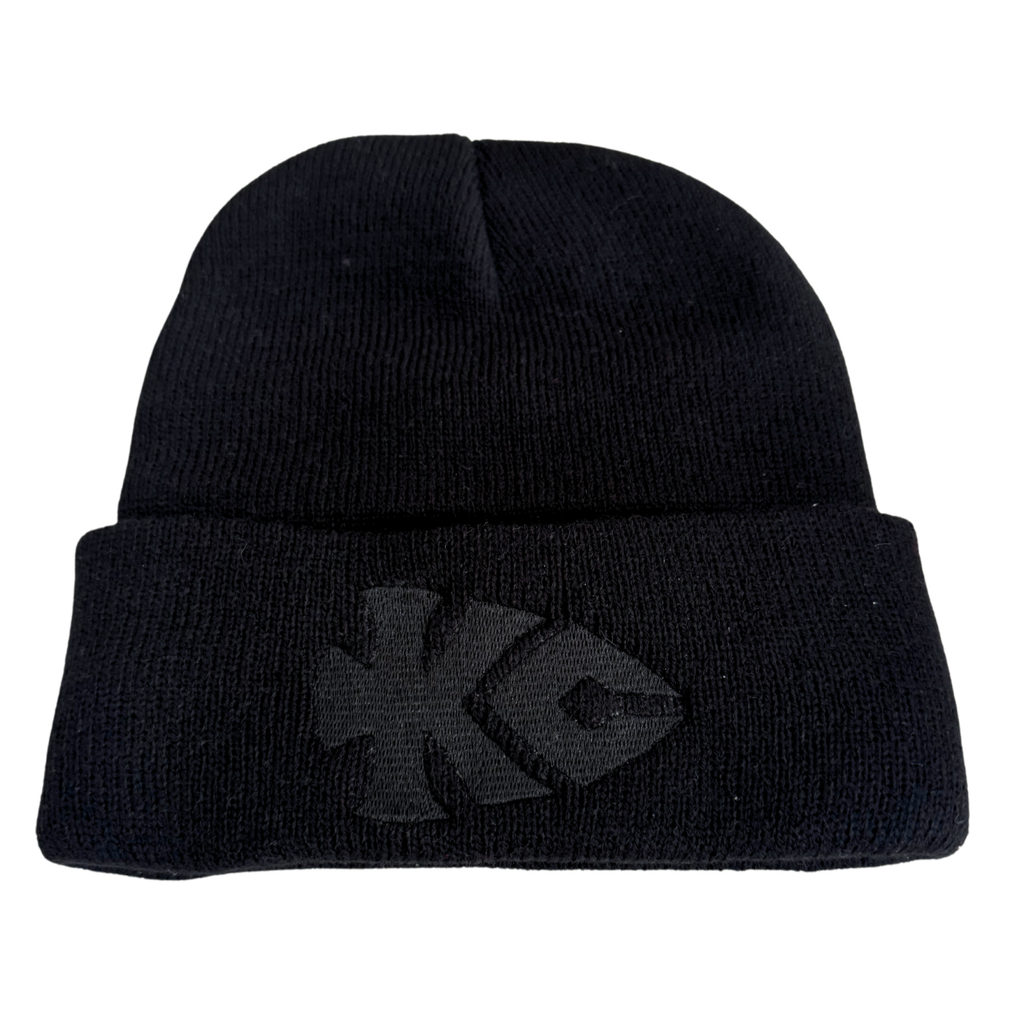 All-black beanie with stealth KC Chiefs arrowhead embroidered logo.

