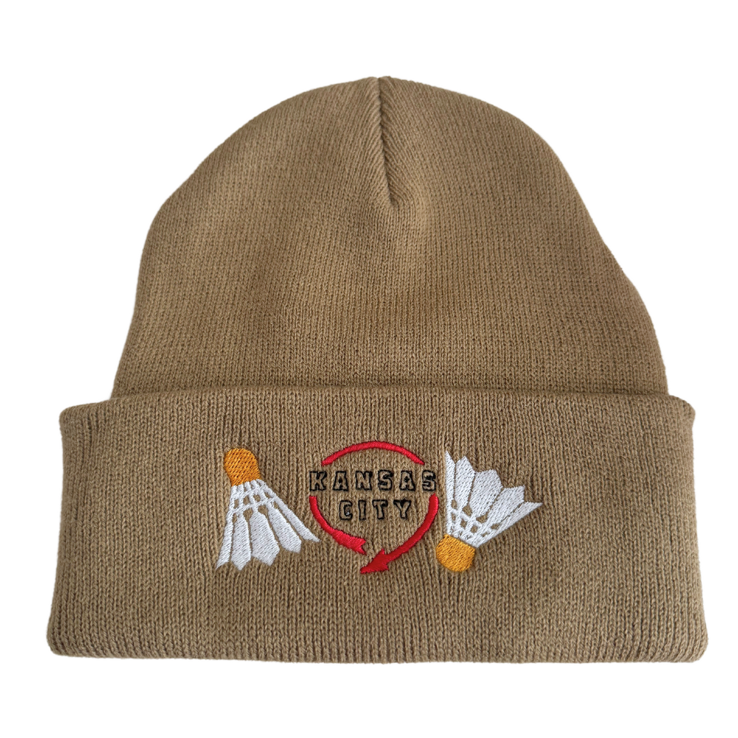 Khaki beanie with embroidered Kansas City shuttlecock sculptures and Western Auto-inspired design.

