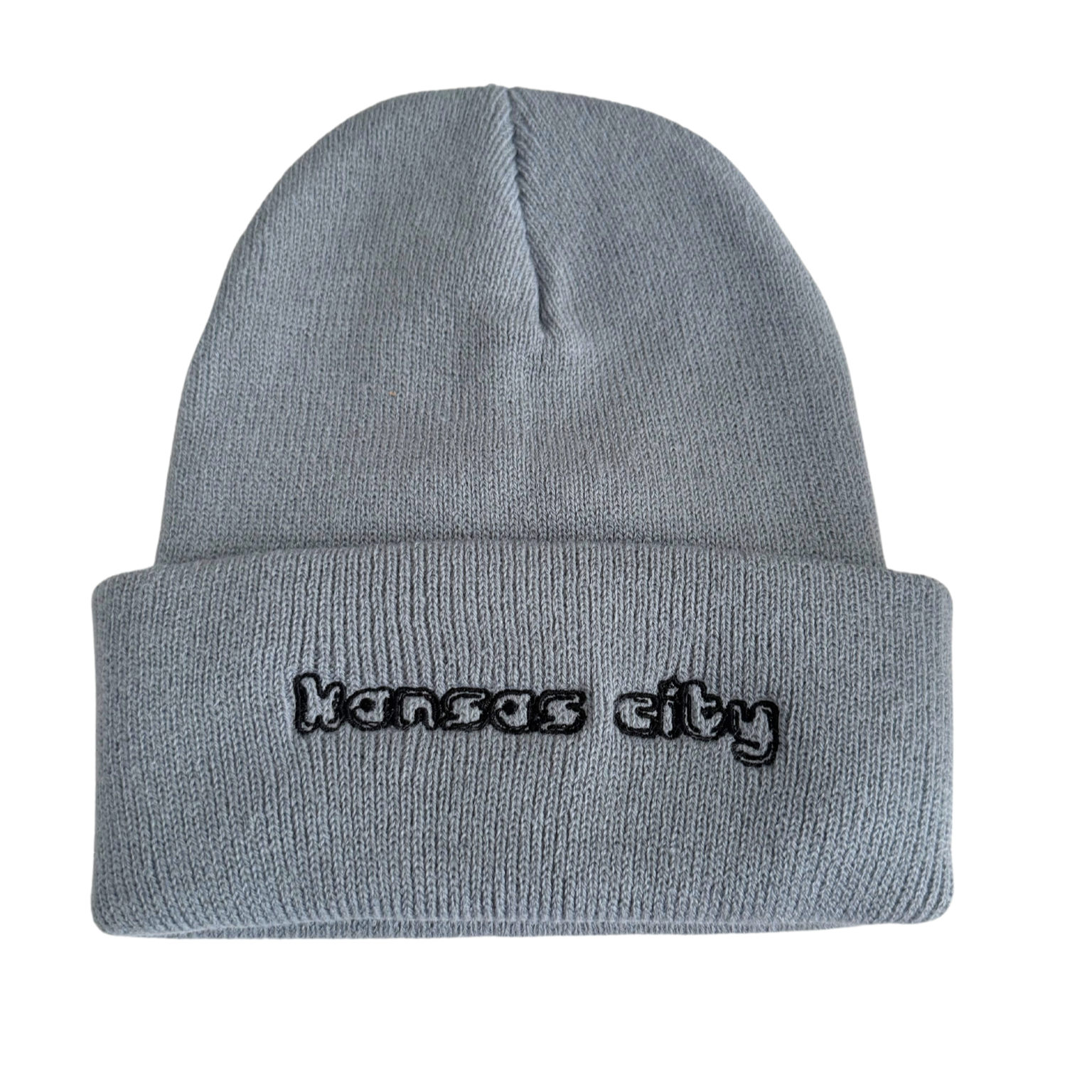 Gray beanie with black embroidered "Kansas City" script in adult size.

