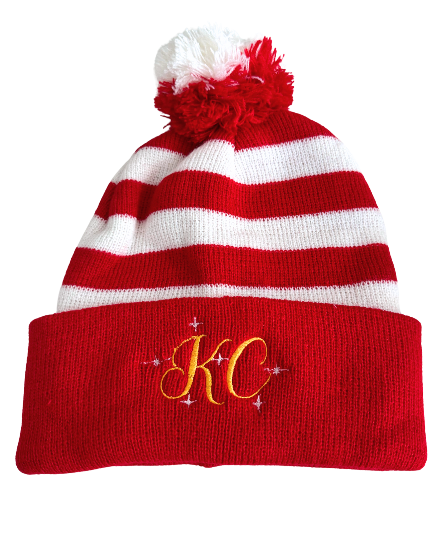 Red and white striped beanie with red and white pom-pom and gold "KC" embroidery with sparkle accents, adult size, festive Chiefs hat.
