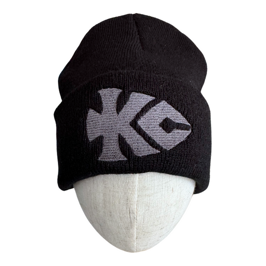 Black beanie with gray KC Chiefs arrowhead logo embroidery.

