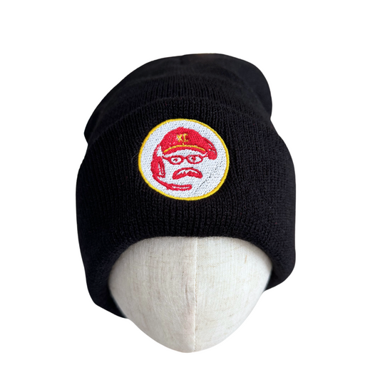 Black beanie with KC Coach embroidered patch, ideal for Chiefs fans.

