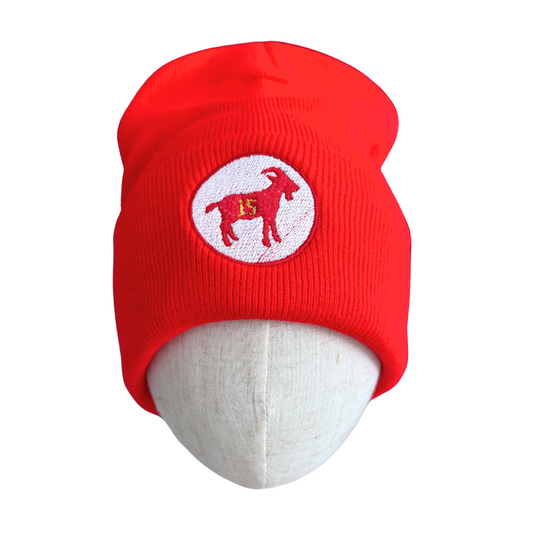 Red beanie with embroidered “15” goat patch, honoring Patrick Mahomes as the greatest of all time.

