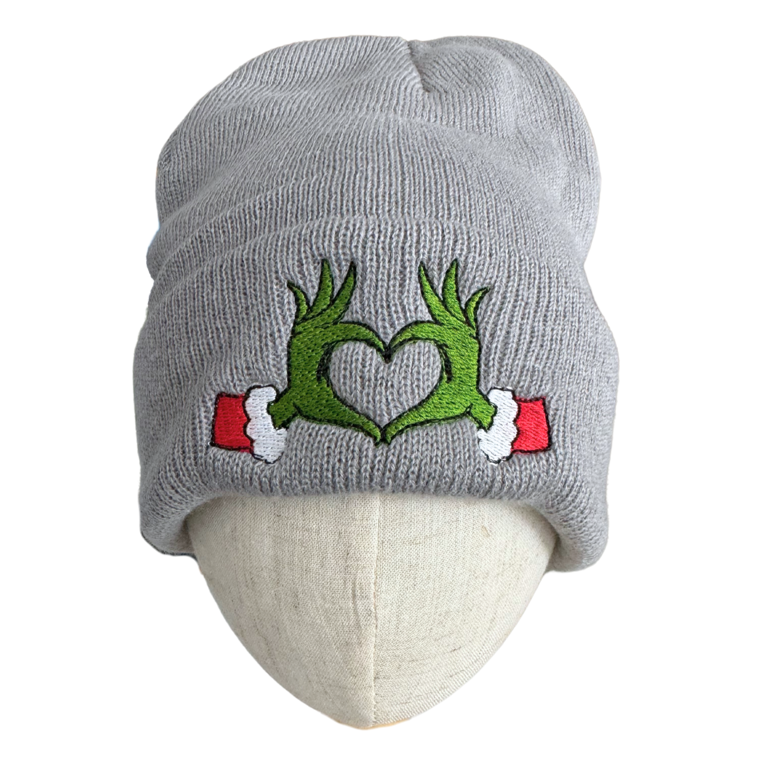 Gray beanie with Grinch heart hands embroidery inspired by Travis Kelce and Taylor Swift.

