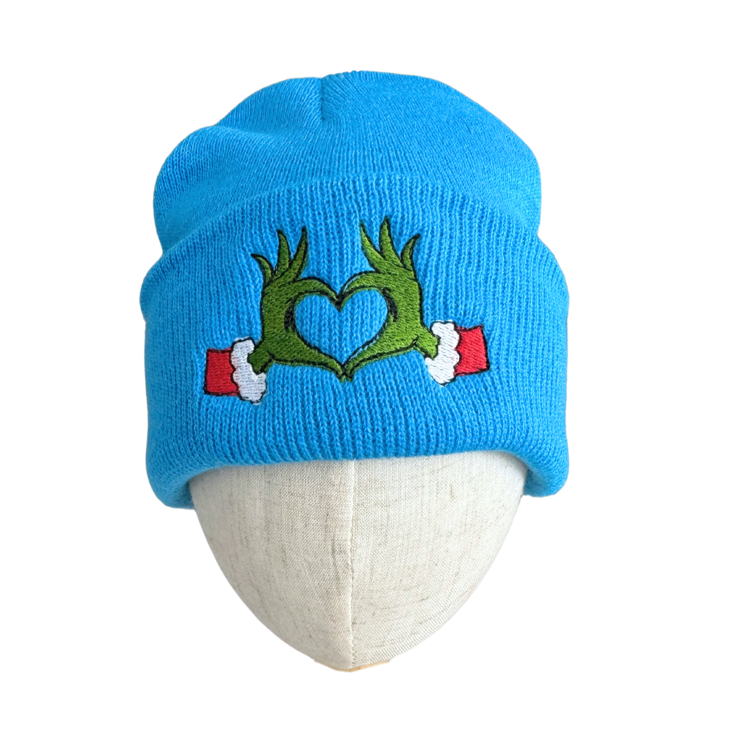 Youth blue beanie with Grinch-green heart hands design, inspired by Taylor Swift and Travis Kelce.